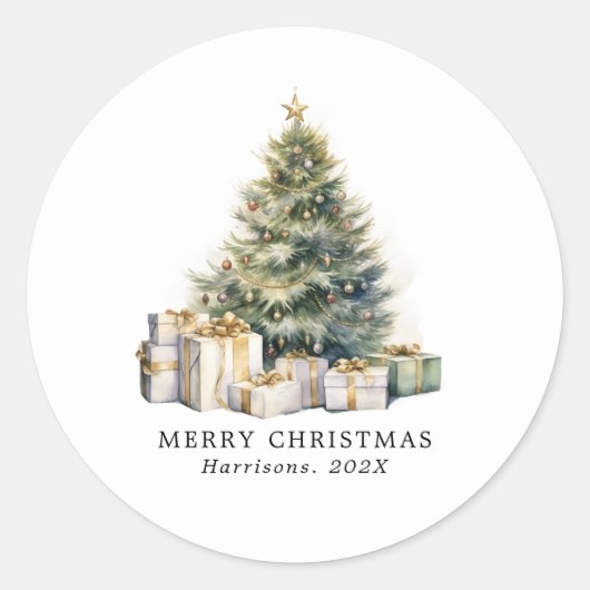 Moderne Waterverf Vrolijke Kerstboom Ronde Sticker (Voorkant)