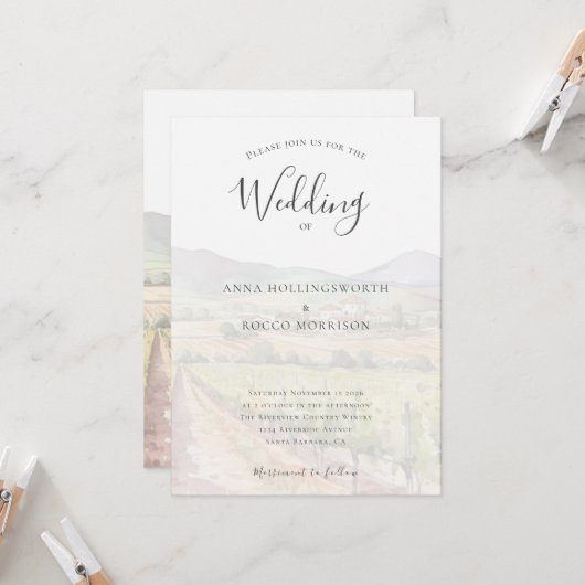 Moderne Waterverf Wijngaard Wijnmakerij Bruiloft Kaart (Voorkant / Achterkant in situ)