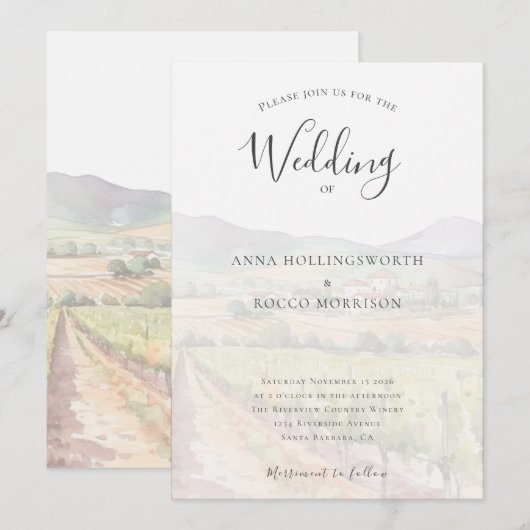 Moderne Waterverf Wijngaard Wijnmakerij Bruiloft Kaart (Voorkant / Achterkant)
