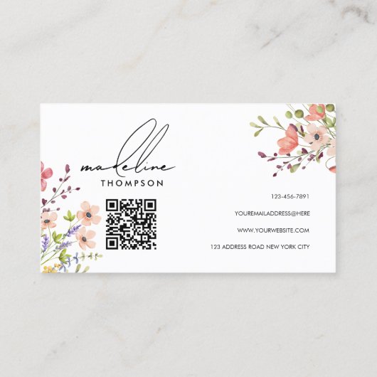 Moderne Waterverf Wild Floral QR Code Visitekaartje (Achterkant)