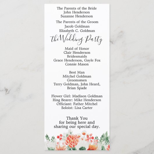 Moderne Waterverf Wildbloemen Weddenschap Programmakaart (Achterkant)