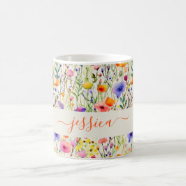 Moderne waterverf wilde bloemen patroon script naa koffiemok