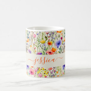 Moderne waterverf wilde bloemen patroon script naa koffiemok