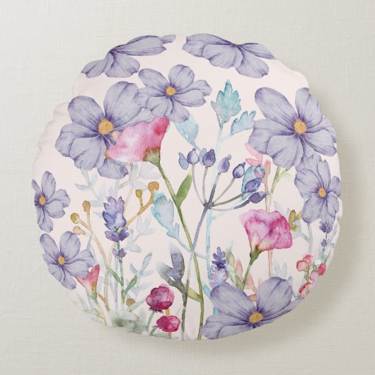 Moderne waterverf wilde bloemen Roze Rond Kussen (Voorkant)