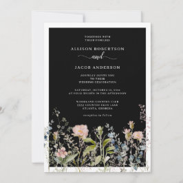 Moderne Waterverf wilde bloemen - Zwarte bruiloft Kaart