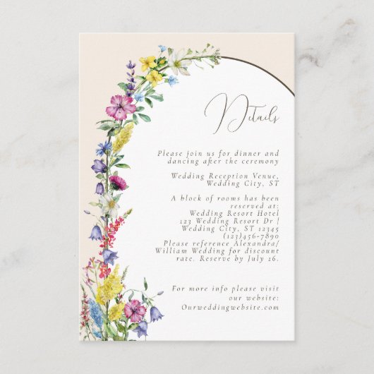 Moderne Waterverf Wildflower Arch Bruiloft Details Informatiekaartje (Voorkant)