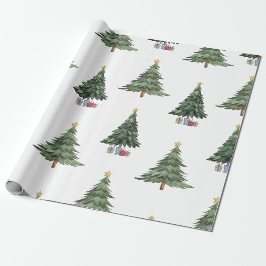 Moderne Waterverf Winter Groene Boom Kerstmis Cadeaupapier (Uitgerold)