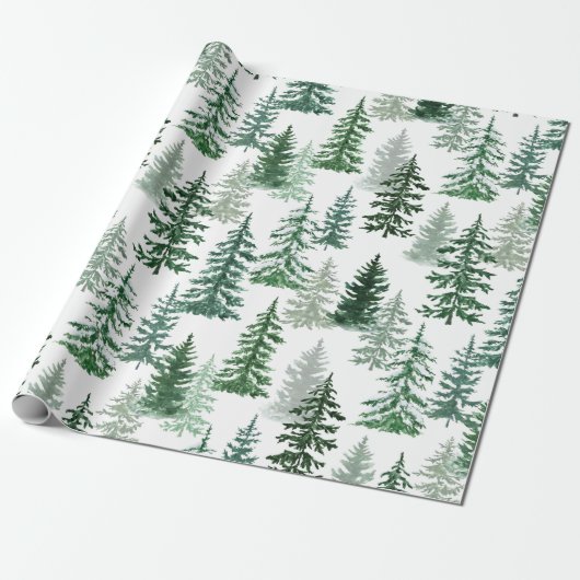 Moderne Waterverf Winter Pine Tree Christmas Cadeaupapier (Uitgerold)