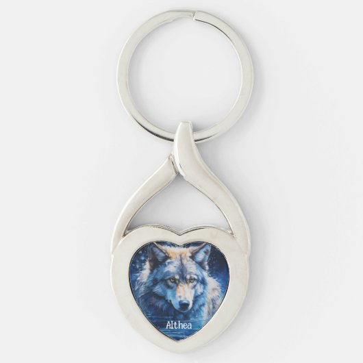 Moderne Waterverf Winter Wolf Blauw Sleutelhanger (Voorkant)