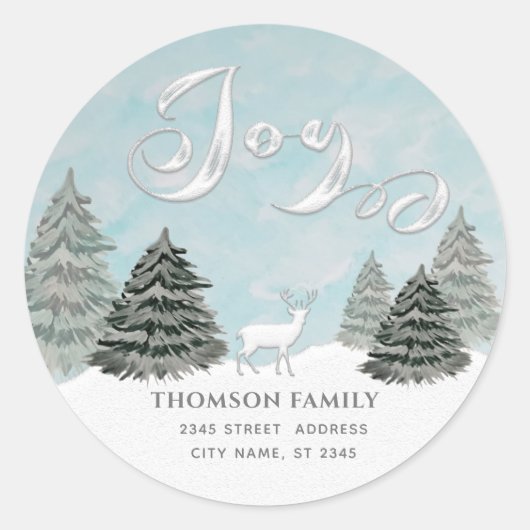 Moderne waterverf Winterscène Joy Holiday Classic Ronde Sticker (Voorkant)