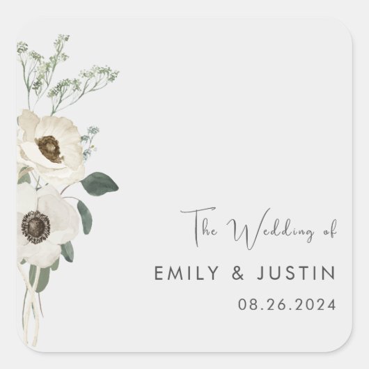 Moderne Waterverf Witte Bloemen Bruiloft Vierkante Sticker (Voorkant)
