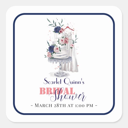 Moderne waterverf witte bruidsjurk met taart2 vierkante sticker (Voorkant)