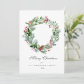 Moderne Waterverf Wreath Evergreen en Berries Feestdagenkaart (Staand voorkant)