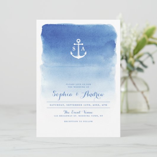 Moderne waterverf zeemansstrand bruiloft kaart (Staand voorkant)