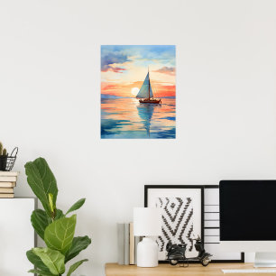 Moderne Waterverf Zeilboot Kleurrijke Zonsondergan Poster