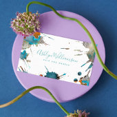 Moderne waterverf zilverturquoise splatter visitekaartje