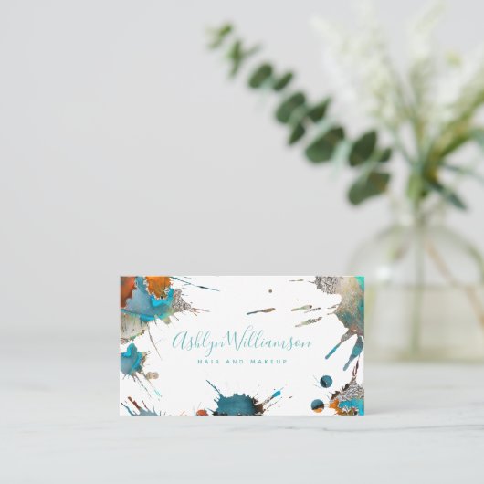Moderne waterverf zilverturquoise splatter visitekaartje (Staand voorkant)