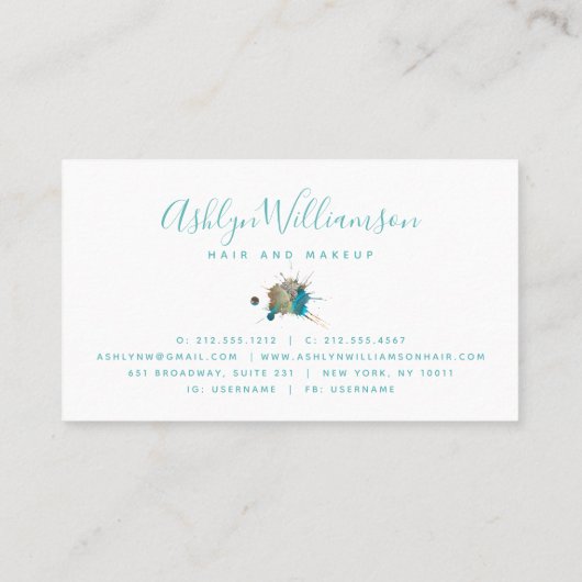Moderne waterverf zilverturquoise splatter visitekaartje (Achterkant)