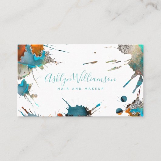 Moderne waterverf zilverturquoise splatter visitekaartje (Voorkant)