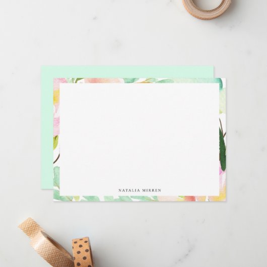 Moderne Waterverf Zomer Bloemen Lijst Notitiekaartje (Voorkant / Achterkant in situ)