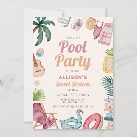 Moderne Waterverf Zomer Zwembad Party Sweet Sixtee Kaart (Voorkant)