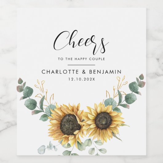 Moderne Waterverf Zonnebloem Eucalyptus Bruiloft Wijn Etiket (Enkel label)