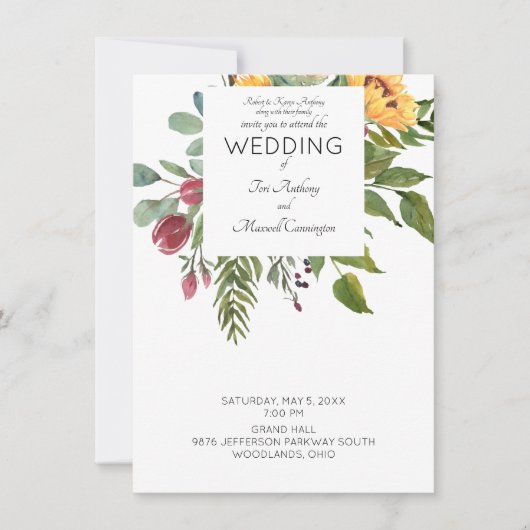 Moderne Waterverf Zonnebloem Ouders Witte Trouw Kaart (Voorkant)