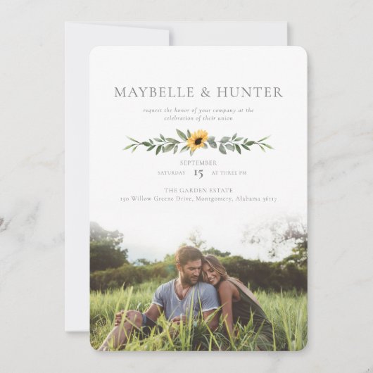 Moderne Waterverf - Zonnebloemen Foto bruiloft Kaart (Voorkant)