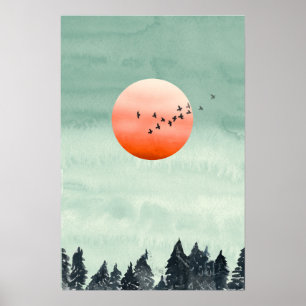 Moderne Waterverf Zonnevogelbomen Po Poster