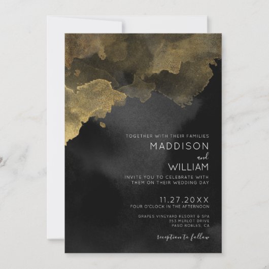 Moderne Waterverf Zwart Goud Bruiloft Kaart (Voorkant)