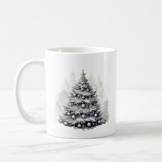 Moderne Waterverf Zwart & Wit Kerstboom Koffiemok (Links)