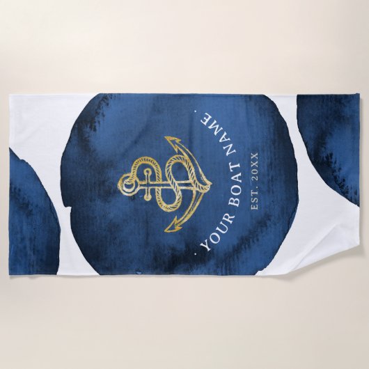 Moderne waterverfanker voeg bootnaam toe Navy Blue Strandlaken (Voorkant)