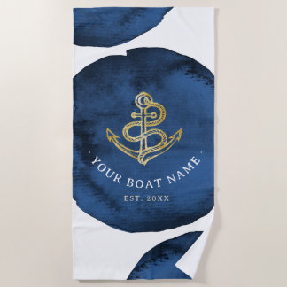 Moderne waterverfanker voeg bootnaam toe Navy Blue Strandlaken