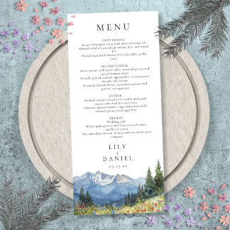 Moderne Waterverfberg Wilde Bloem Bruiloft Menu
