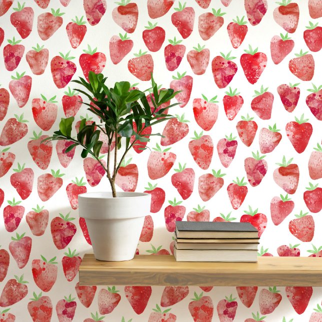 Moderne waterverfpatroon met aardbei behang (Strawberry watercolor pattern wallpaper)