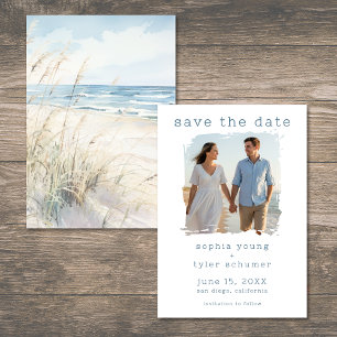 Moderne waterverfstrandbruiloft met strandgrassen save the date