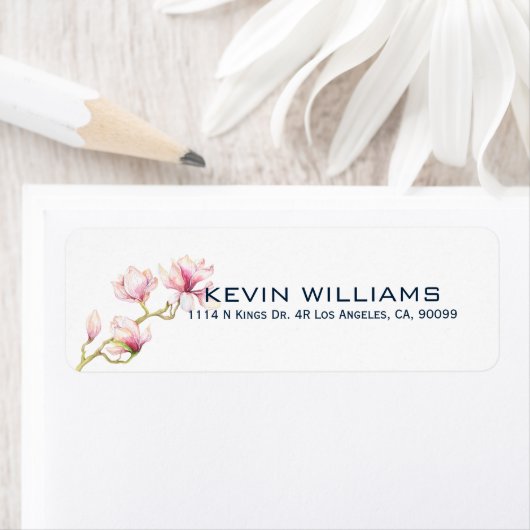 Moderne Waterverven Roze Magnolia Etiket (Insitu)