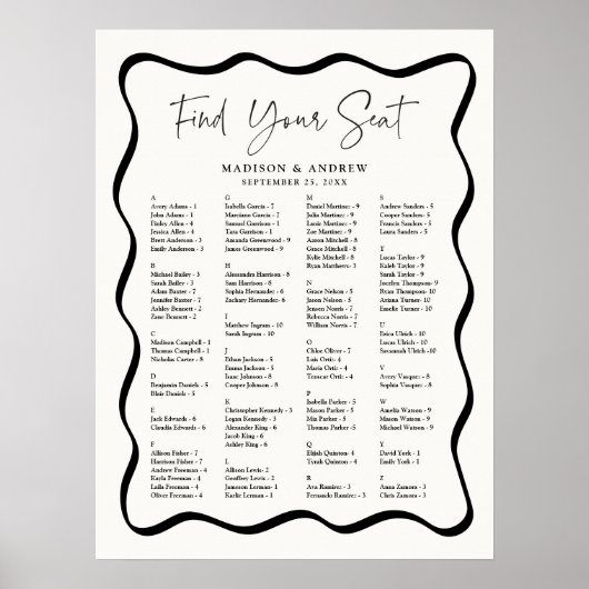Moderne Wavy Lijst Alfabetische Zitting Grafiek Poster (Voorkant)