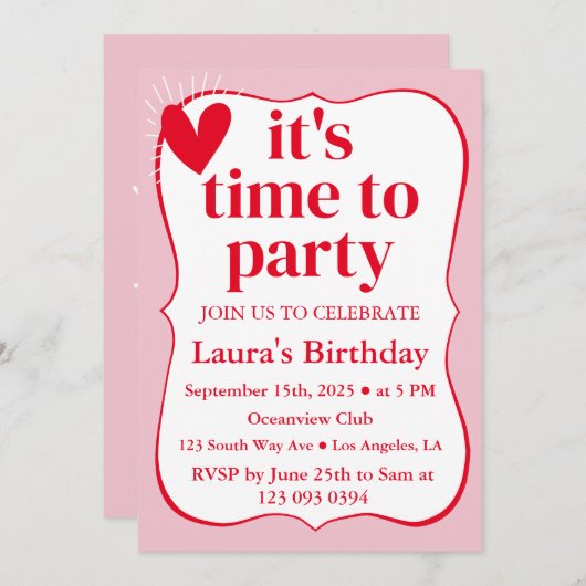 Moderne Wavy roze en rode verjaardag Kaart (Voorkant / Achterkant)