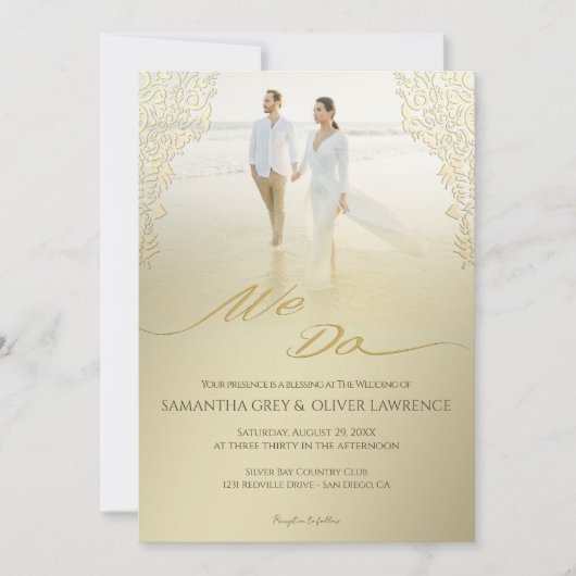 Moderne "We Do" Huwelijksuitnodiging Gold Damask Bedankkaart (Voorkant)