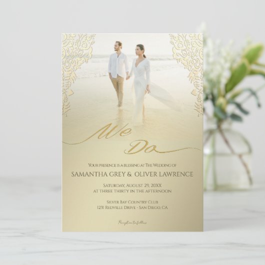 Moderne "We Do" Huwelijksuitnodiging Gold Damask Bedankkaart (Staand voorkant)
