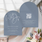 Moderne We doen Script Dusty Blue QR Code Wedding Kaart