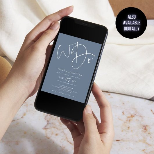 Moderne We doen Script Dusty Blue QR Code Wedding Kaart