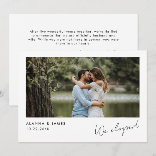 Moderne 'We Eloped' Huwelijksaankondiging Foto Kaart (Voorkant / Achterkant)