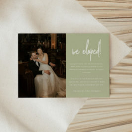 Moderne 'We Eloped' Trouw Sage Groene Foto Aankondiging