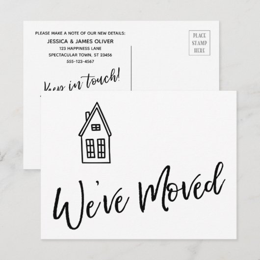 Moderne "We hebben verplaatst" Kaart w / kleine hu (Voorkant / Achterkant)