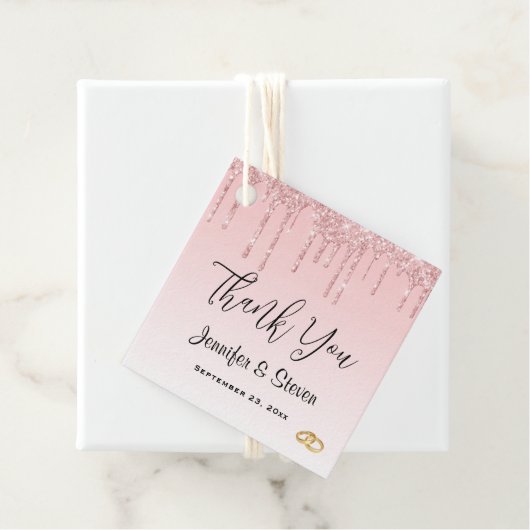 Moderne weddenschapsroze glitter-ritsen en gouden  bedankjes labels (In situ)