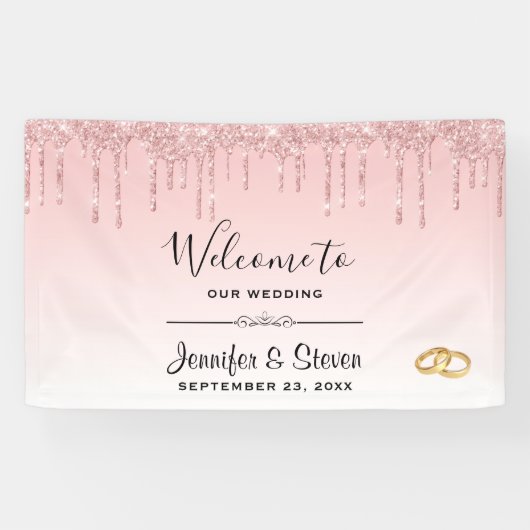 Moderne weddenschapsroze glitter-ritsen en gouden  spandoek (Horizontaal)