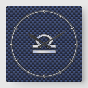 Moderne Weegtekening op Navy Blue Carbon Fiber Vierkante Klok