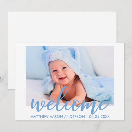 Moderne Welkom Pasgeboren Baby Jongen Blauwe Kaart (Voorkant / Achterkant)